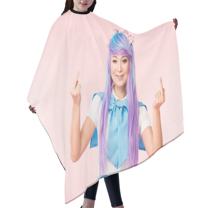 Personality  Asian Anime Girl In Purple Wig Showing Middle Fingers Isolated On Pink Hair Cutting Cape