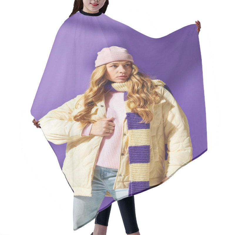 Personality  A Fashionable Young Woman Enjoys The Warmth Of Her Winter Attire While Showcasing A Playful Look. Hair Cutting Cape