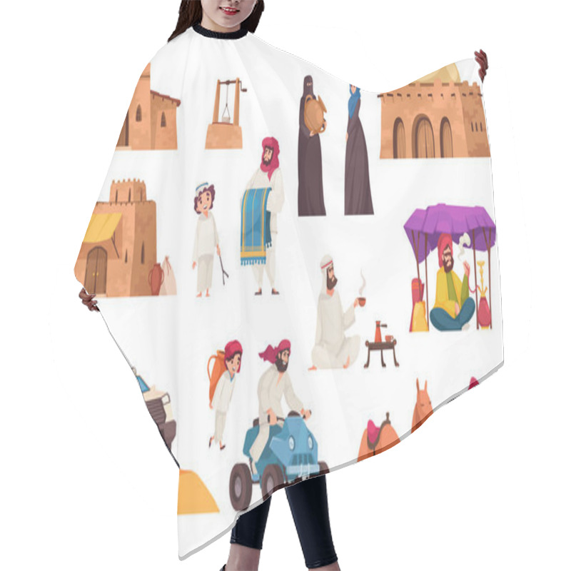 Personality  Arabic Desert Cartoon Icons Set With People Wearing Traditional Oriental Clothes Isolated Vector Illustration Hair Cutting Cape