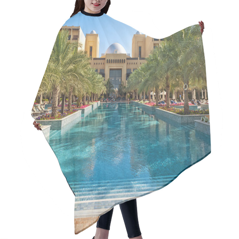 Personality  Pool With Blue Water And Palm Trees. Hair Cutting Cape