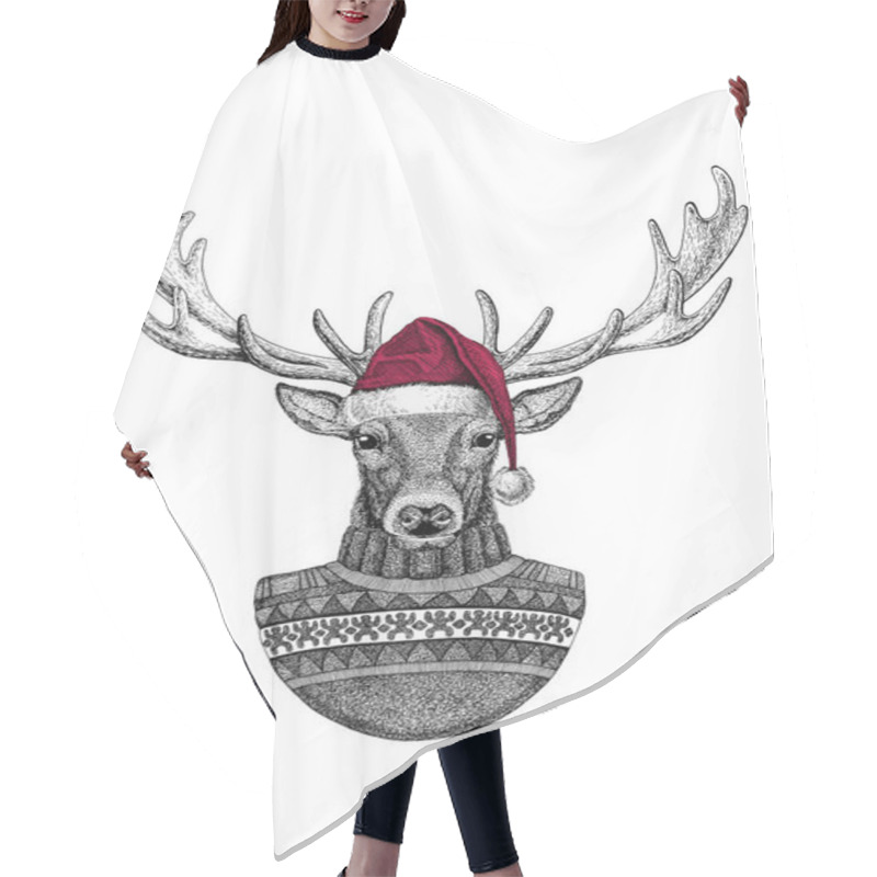 Personality  Portrait Of Wild Deer Wearing Chrismtas Santa Claus Hat Hair Cutting Cape