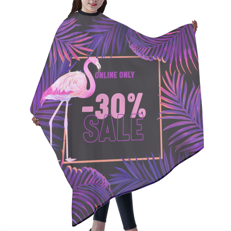 Personality  Sale Banner, Violet Background With Pink Flamingo And Purple Palm Leaves. Neon Modern Jungle Pattern, Exotic Tropic Ornamental Flyer For Store Promotion Campaign, Discount In Shop. Vector Illustration Hair Cutting Cape