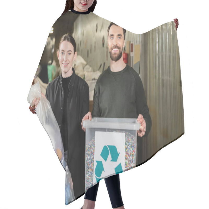 Personality  Cheerful Volunteers Looking At Camera While Holding Trash Bin And Bag And Standing Together In Blurred Waste Disposal Station, Garbage Sorting And Recycling Concept Hair Cutting Cape