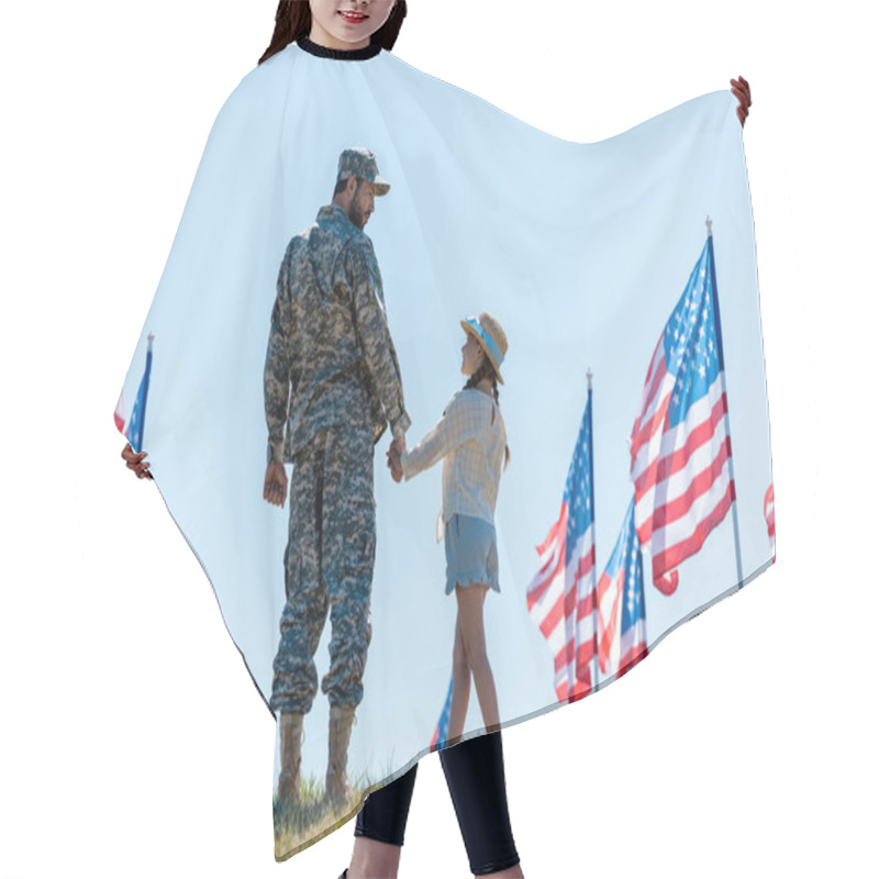 Personality  Father In Military Uniform Holding Hands With Daughter Near American Flags  Hair Cutting Cape