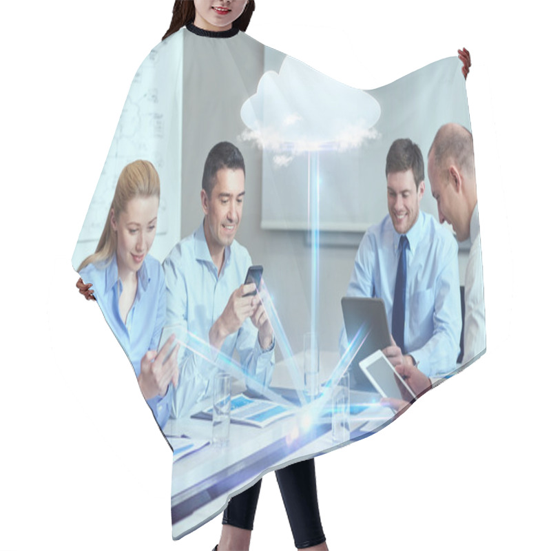 Personality  Smiling Business People With Gadgets In Office Hair Cutting Cape