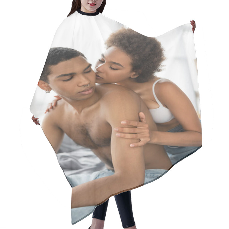 Personality  Sensual African American Woman In Bra Kissing Shirtless Boyfriend Sitting On Bed In Jeans Hair Cutting Cape