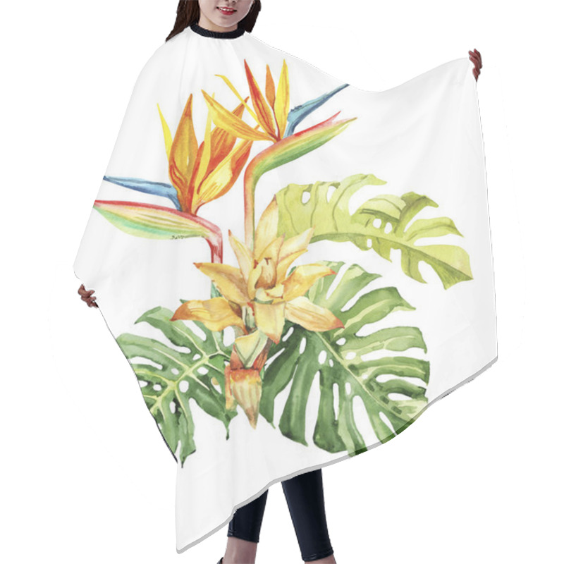 Personality  Watercolor Hand Drawn Rainforest Tropical Leaves And Flowers Bouquet Composition. Botanical Illustration Isolated On White Background. Hand Painted Watercolor Floral Clip Art Hair Cutting Cape