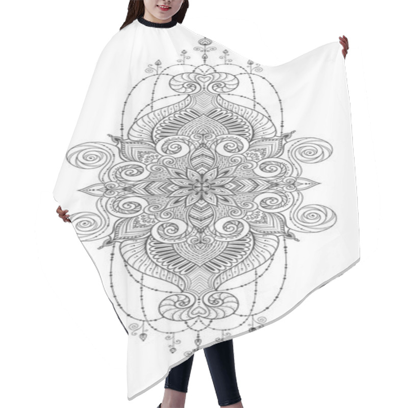 Personality  Asian Ethnic Floral Retro Doodle Black And White Background Pattern In Vector. Islam, Arabic, Indian, Ottoman Motifs Design Mehendi Pattern. Zentangle Circles For Printing On Fabric Or Paper. Hair Cutting Cape