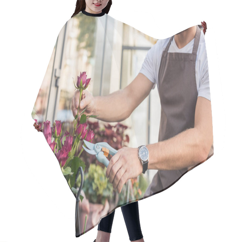 Personality  Cropped Image Of Florist Cutting Burgundy Rose With Pruner Near Flower Shop Hair Cutting Cape