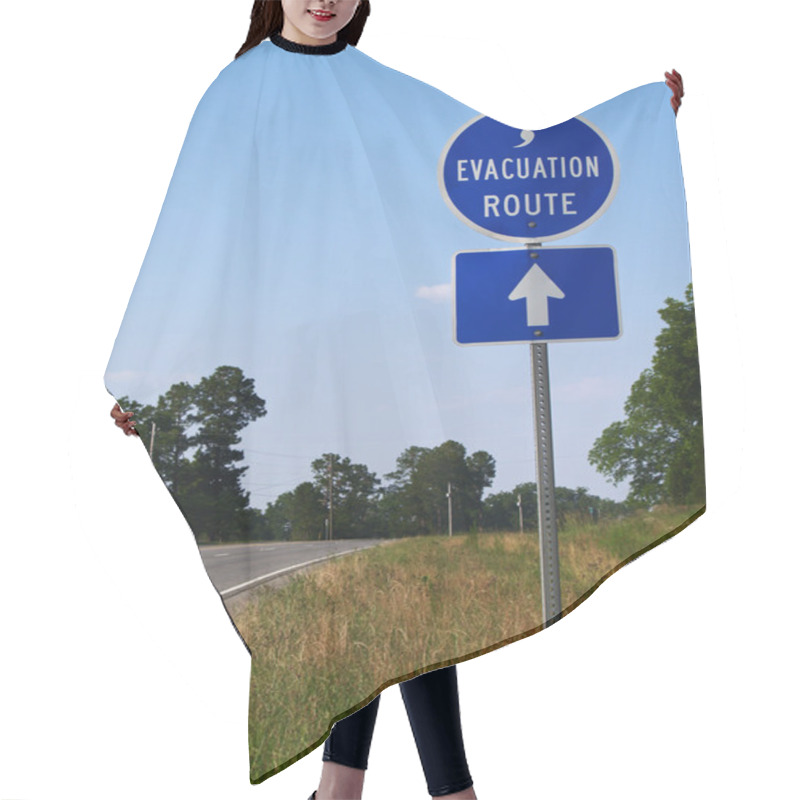 Personality  Blue Hurricane Evacuation Route Sign Along A Highway. Hair Cutting Cape