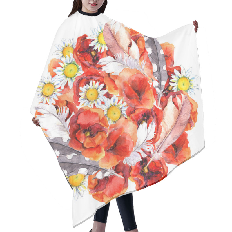 Personality  Floral Circle Composition With Summer Flowers Poppies, Camomile And Feathers For Pretty Postcard. Watercolor Art Hair Cutting Cape