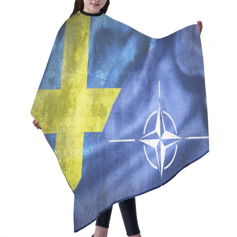 Personality  Stockholm, Sweden- May 3 2022: Grunge flags of Sweden and NATO illustration, concept of Sweden plans to enter NATO hair cutting cape