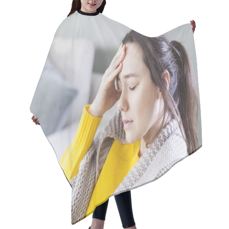 Personality  Young Woman With Headache Sitting On Sofa Hair Cutting Cape