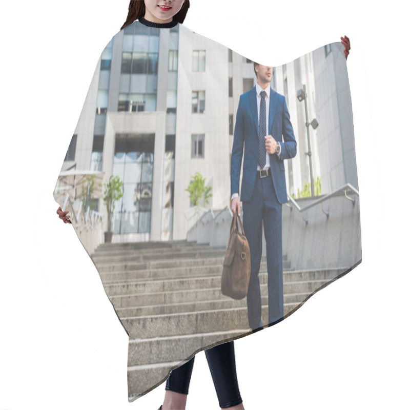 Personality  Handsome Young Businessman In Stylish Suit With Briefcase In Business District Hair Cutting Cape