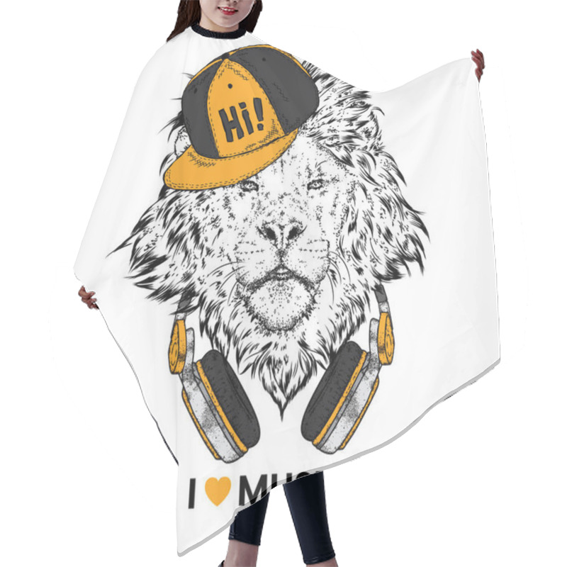 Personality  A Beautiful Lion Wearing Headphones. Vector Illustration For A Postcard Or A Poster, Print For Clothes. I Love Music. Hair Cutting Cape