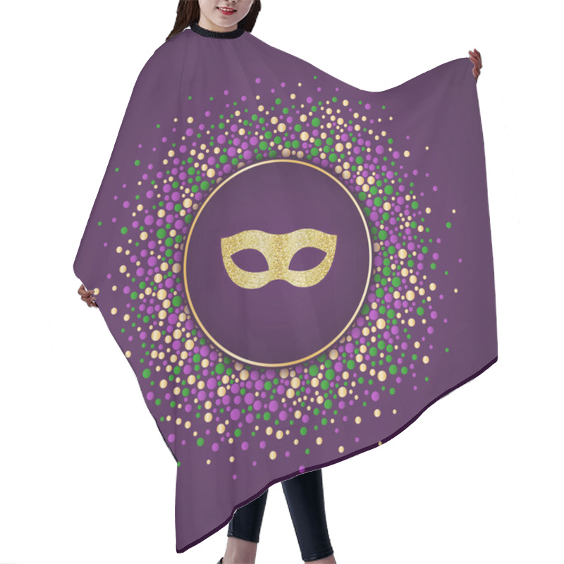 Personality  Mardi Gras Holiday Background. Round Dotted Frame With Golden Glitter Mask. Hair Cutting Cape