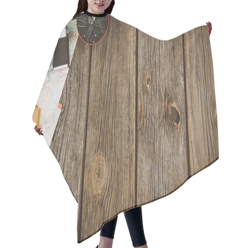 Personality  Travel Accessories Top View On Wooden Background With Copy Space Hair Cutting Cape