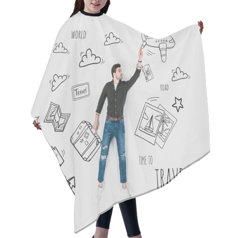 Personality  Creative Hand Drawn Collage With Man And Various Travel Signs Hair Cutting Cape