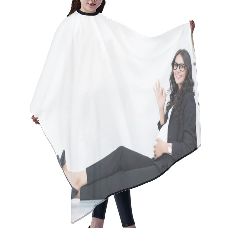 Personality  Pregnant Businesswoman Showing Okay Sign Hair Cutting Cape