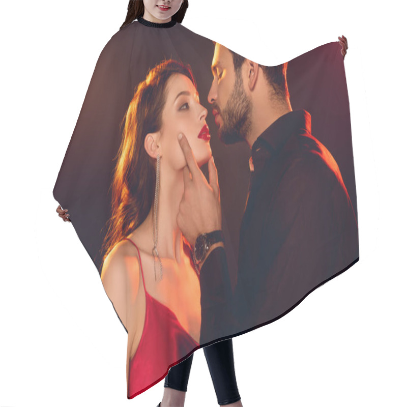 Personality  Side View Of Handsome Man Kissing And Touching Face Of Beautiful Girl Isolated On Black Hair Cutting Cape