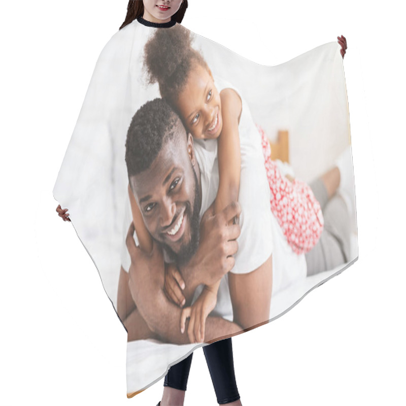 Personality  African American Man Embracing With His Little Daughter Hair Cutting Cape