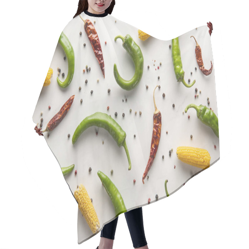 Personality  Corn, Chili And Jalapeno Peppers On White Background  Hair Cutting Cape