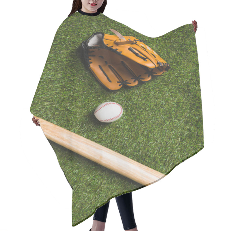 Personality  Baseball Bat With Ball And Glove On Grass Hair Cutting Cape