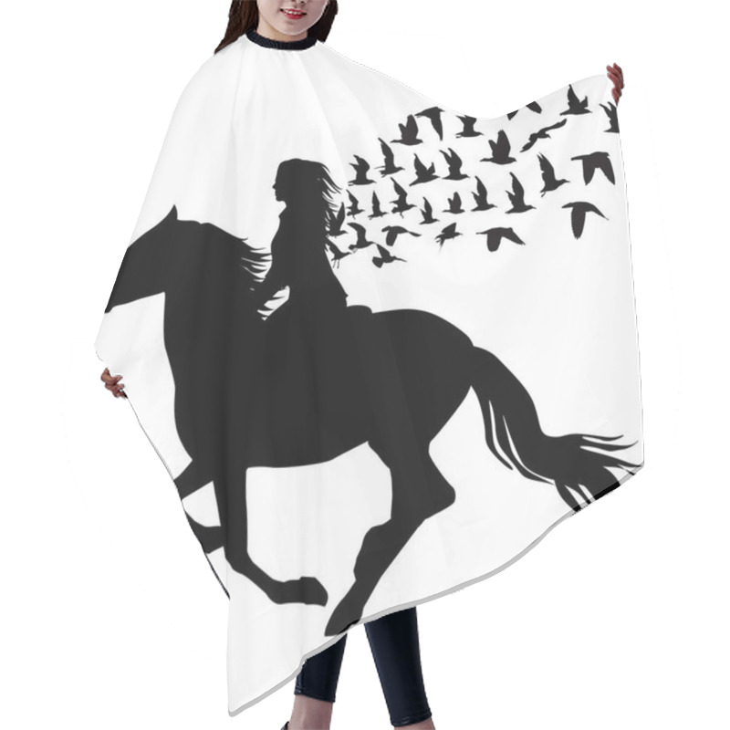 Personality  Abstract Illustration Of Woman Riding A Horse And Birds Silhouettes Flying Hair Cutting Cape