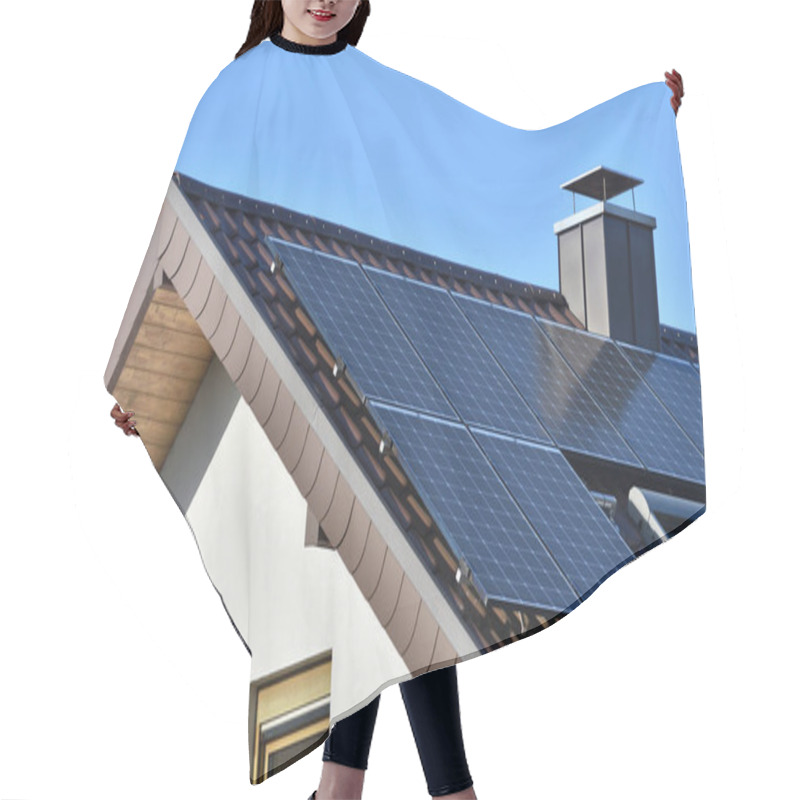 Personality  Solar Panels Installed On The Roof Of A House With Tiles In Europe Against The Background Of A Blue Sky. Hair Cutting Cape