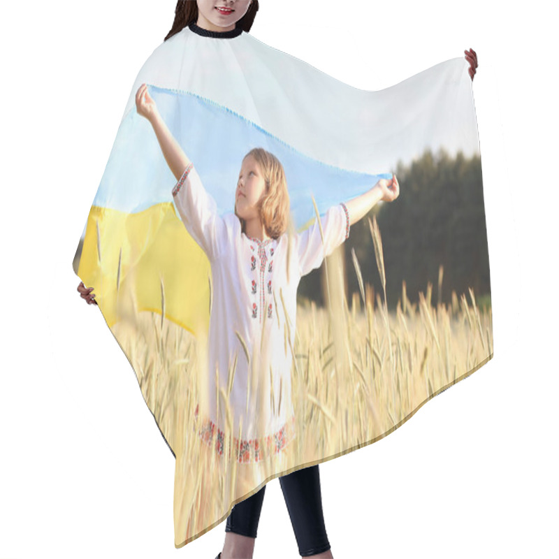 Personality  Beautiful Ukrainian Girl Carries Fluttering Blue And Yellow Flag Of Ukraine Against  Sky And Field Background. Ukrainian Flag Is A Symbol Of Independence. Celebrate Constitution Independence Flag Day Hair Cutting Cape