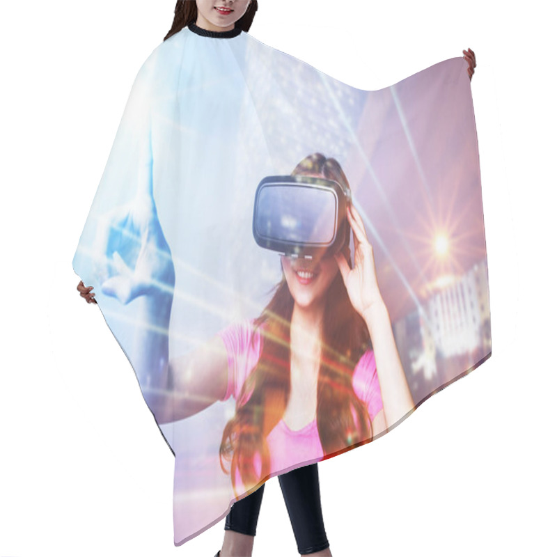 Personality  Woman Using VR Headset Glasses Hair Cutting Cape