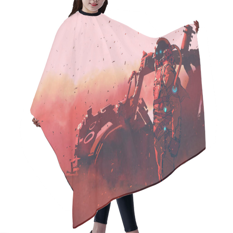 Personality  Red Astronaut Standing Near Futuristic Vehicle On Mars Planet Hair Cutting Cape