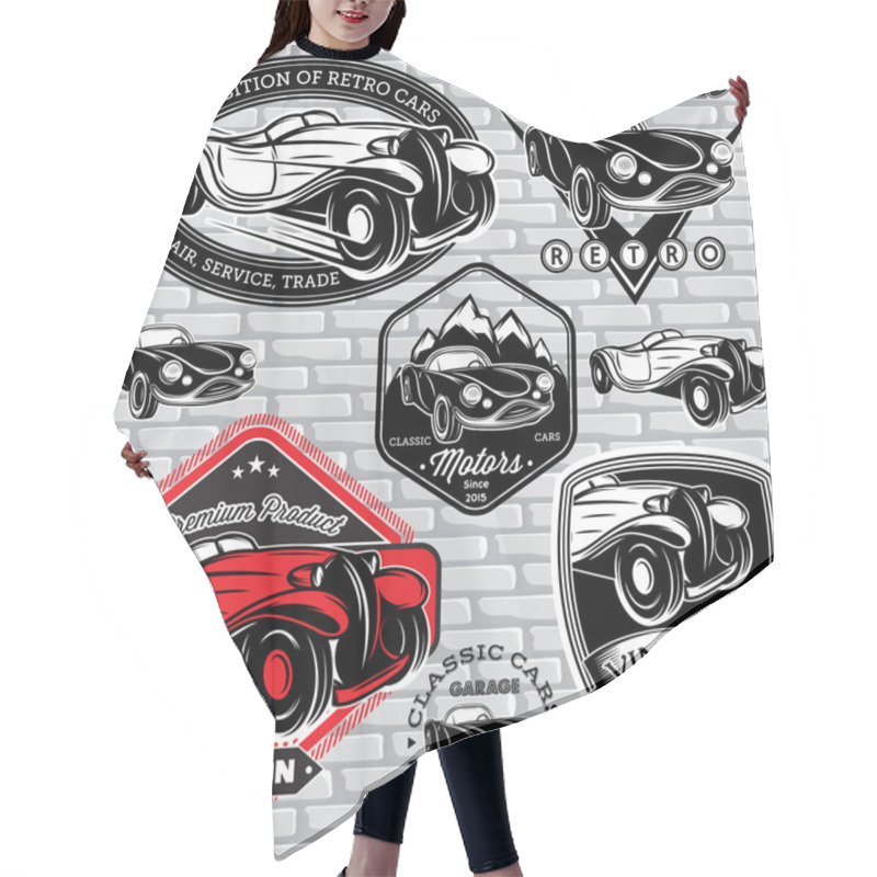 Personality  Set Of Emblems With Retro Car On Wall Hair Cutting Cape