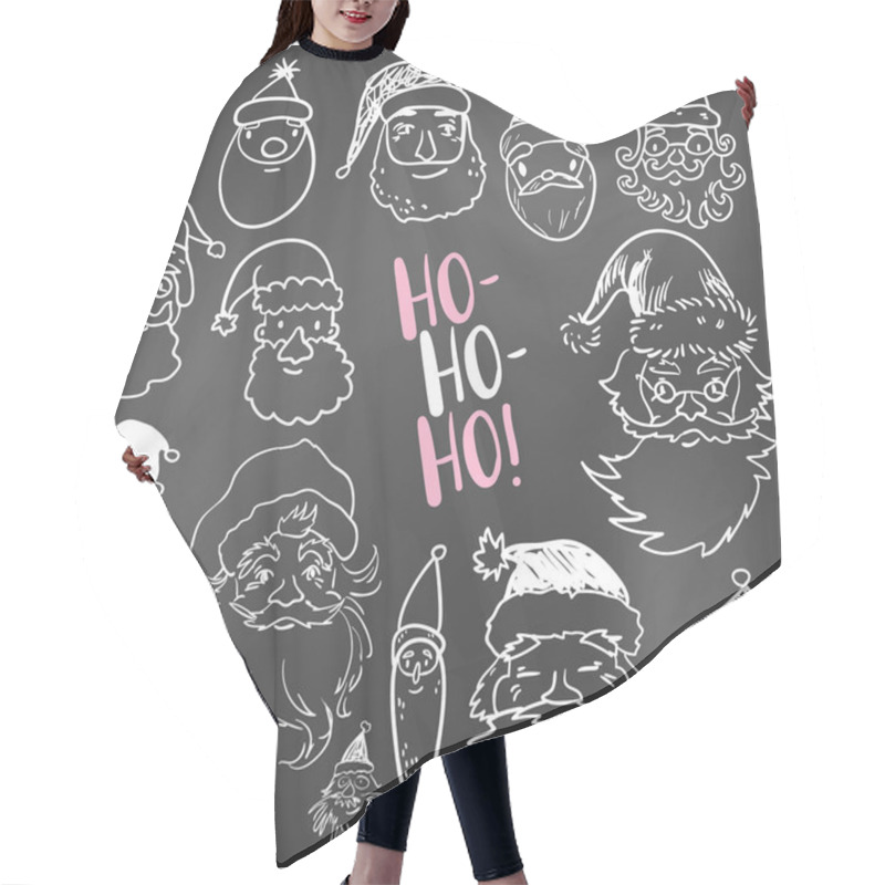 Personality  Funny Doodle Santa Faces Holiday Icons Collection. Ho-Ho-Ho, Lettering. Hair Cutting Cape