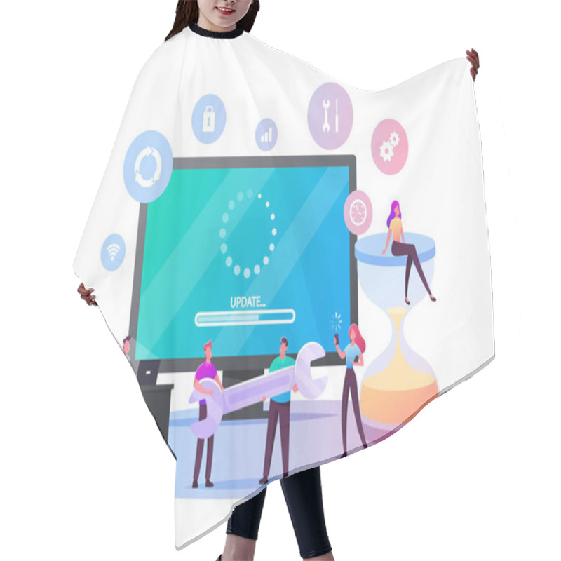 Personality  Update Software Application And Hardware Upgrade Technology Concept. Tiny Characters With Gadgets, Wrench And Hourglass At Huge Computer Screen With Updating Scale. Cartoon People Vector Illustration Hair Cutting Cape