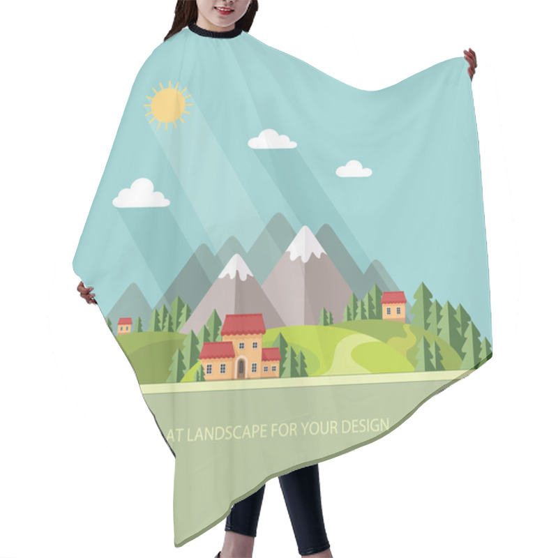 Personality  Landscape. Houses In The Mountains Among The Trees. Flat Style,  Hair Cutting Cape