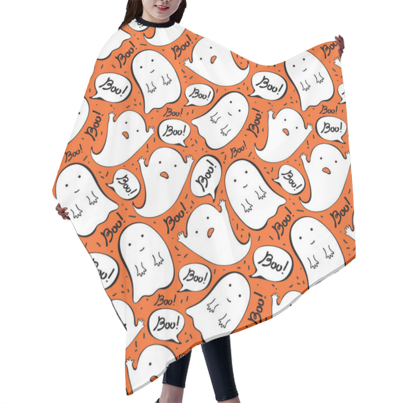 Personality  Cartoon Cute Doodle Hand Drawn Halloween Seamless Pattern. Funny Ghosts Say Boo. Vector Background Design For Fun Halloween Decoration. Naive, Childish Style Of Drawing. For Packaging, Hair Cutting Cape