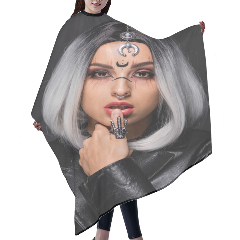 Personality  Portrait Of Young Woman In Witch Makeup And Accessories Isolated On Black Hair Cutting Cape