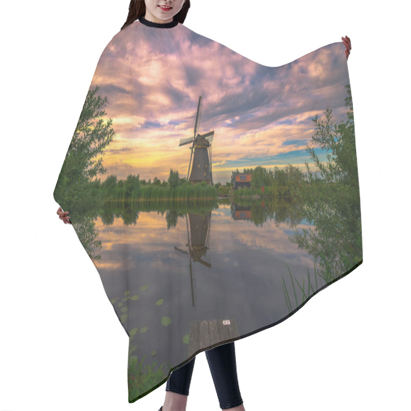 Personality  Colorful Sunset Above Old Dutch Windmill And A River Flowing By In Kinderdijk, Netherlands. Hair Cutting Cape