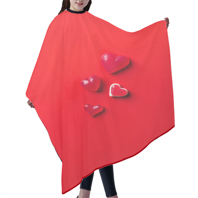 Personality  Top View Of Heart Shaped Candies On Red Surface Hair Cutting Cape