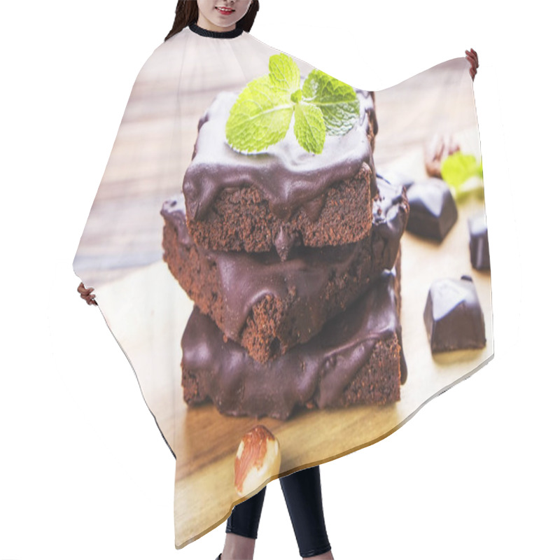 Personality  Square Slices Of Homemade Brownies With Dark Chocolate Spread Paste, Pecan Nut, Hazelnut On Wood Texture Table. High Calorie Pastry. Cocoa Based Sweets, Bad For Figure. Close Up, Background, Top View. Hair Cutting Cape