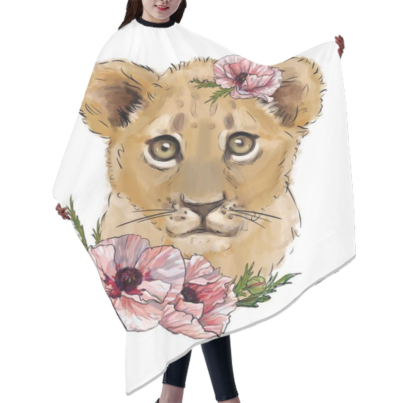 Personality  Cute Lion Cub In Peony Flowers. Lion On An Isolated White Background. Best T-shirt Print, Hipster. Lion Poster. Cute Animals For Your Design. Hand Drawn Sketch. Hair Cutting Cape