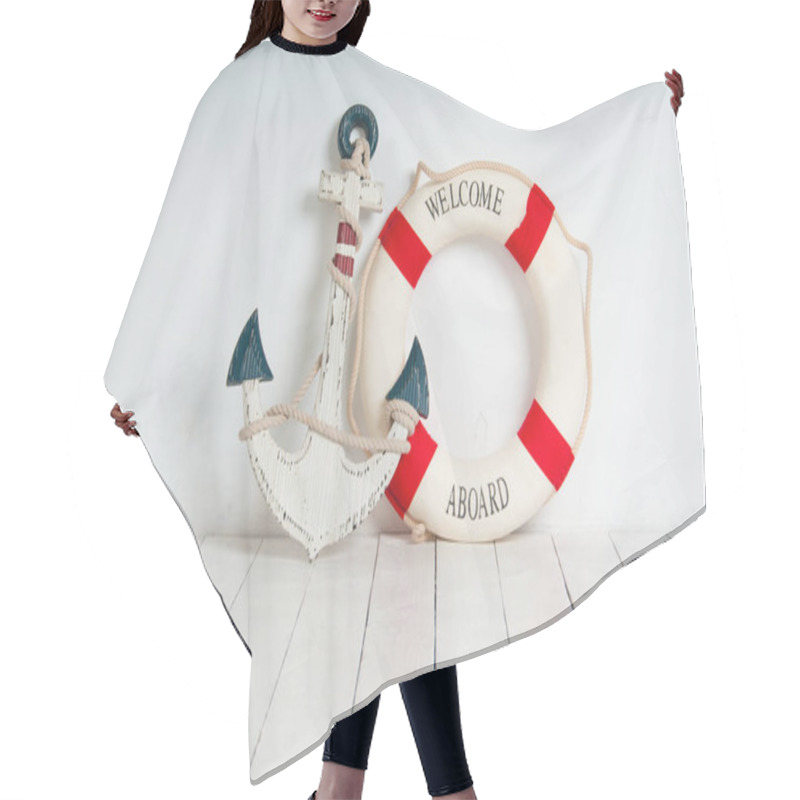 Personality  Anchor And Life Buoy On A White Wooden Floor Hair Cutting Cape