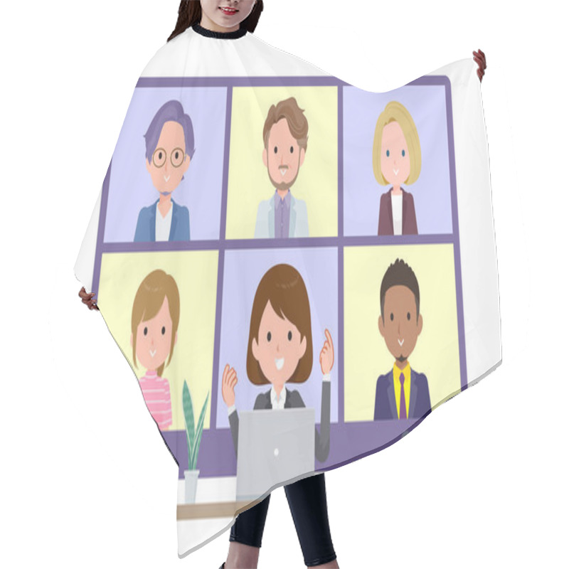 Personality  A Set Of Women Having An Online Meeting With Multiple People. Front Angle.It's Vector Art So Easy To Edit. Hair Cutting Cape