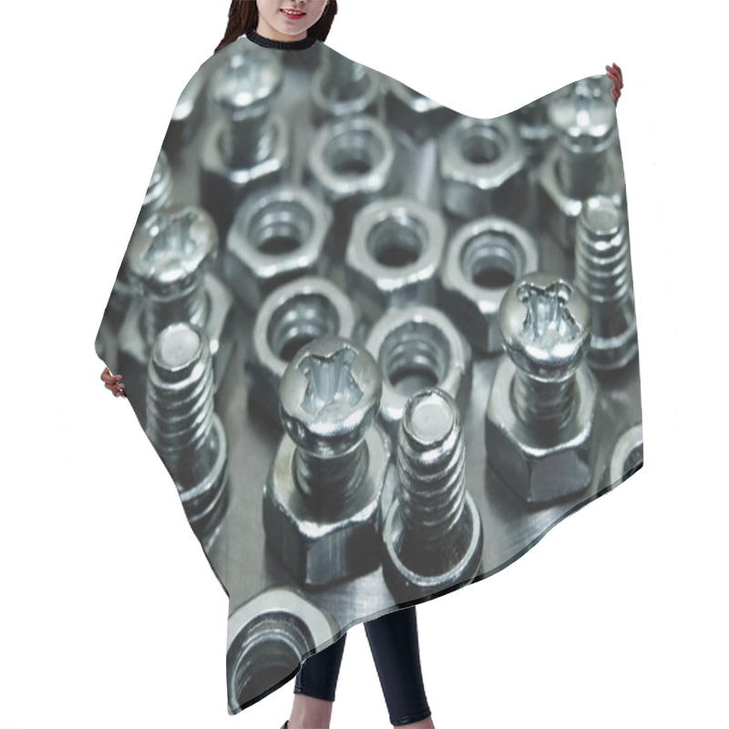 Personality  Hardware Shop. Screw Bolts And Hex Nuts Closeup Texture Background  Hair Cutting Cape