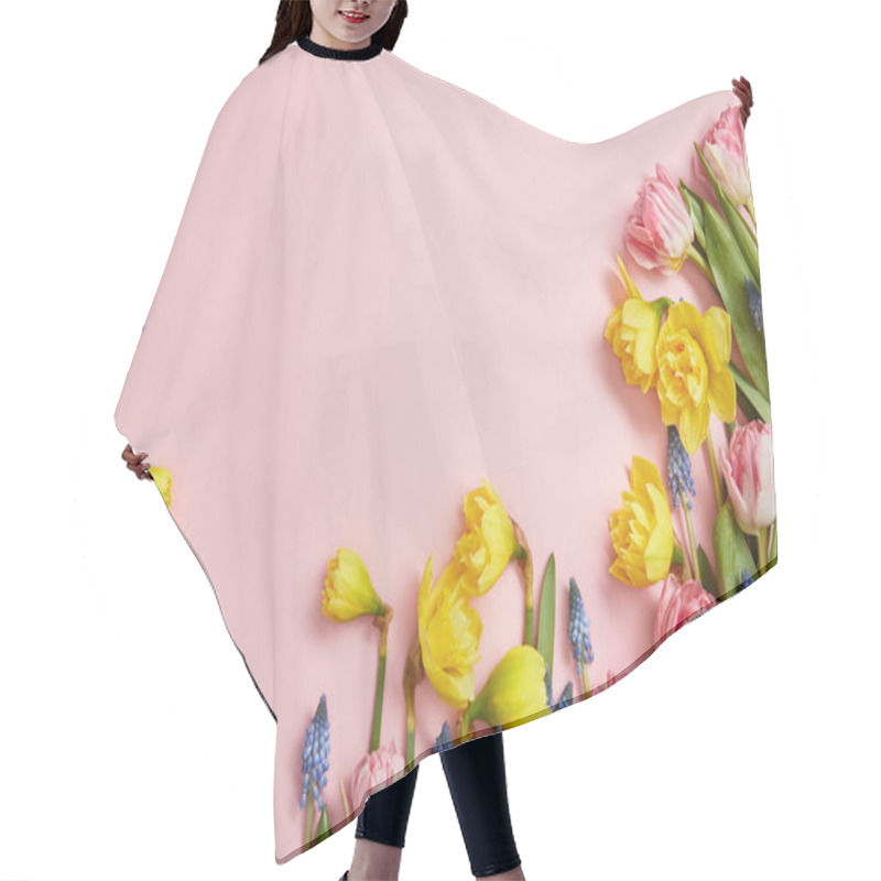 Personality  Top View Of Fresh Pink Tulips, Blue Hyacinths And Yellow Daffodils On Pink Background Hair Cutting Cape