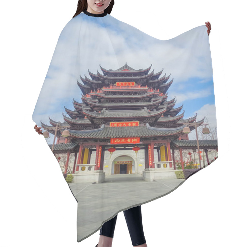 Personality  CHONGYUANG TEMPLE, CHINA - 29 JANUARY, 2017: Beautiful Red And Black Tower With Stunning Chinese Architecture, Seen From Medium Distance On A Nice Sunny Day Hair Cutting Cape