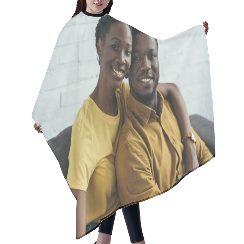 Personality  Happy Young African American Couple In Yellow Shirts Hugging And Smiling At Camera Hair Cutting Cape