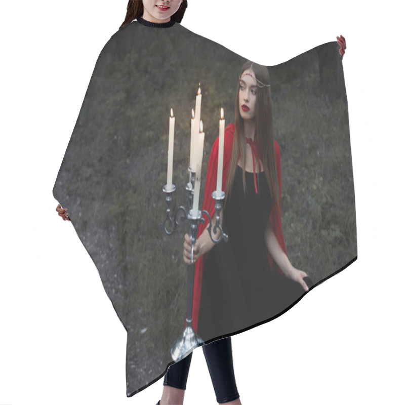 Personality  Elegant Mystic Girl In Red Cloak Holding Candelabrum With Flaming Candles Walking In Dark Forest Hair Cutting Cape