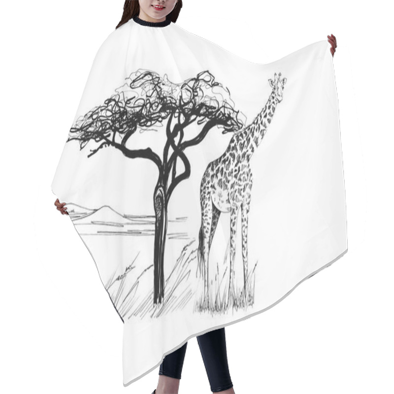 Personality  Giraffe Near A Tree In Africa. Hand Drawn Illustration. Collection Of Hand Drawn Illustrations (originals, No Tracing) Hair Cutting Cape